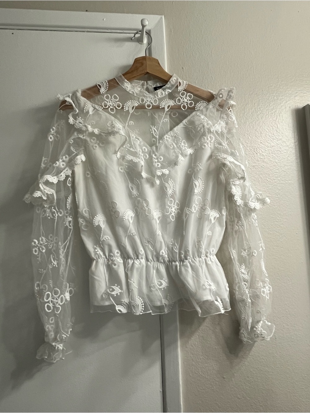 Mango White Lace Embroidered Peplum Blouse